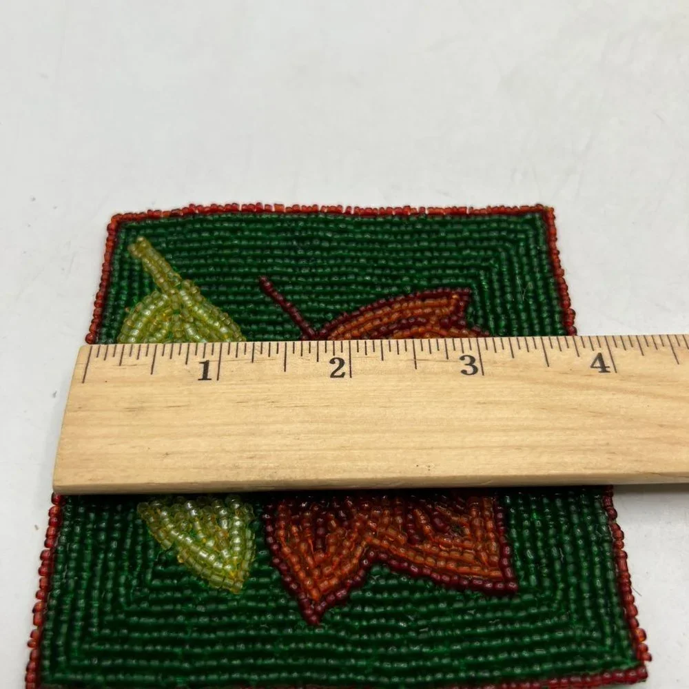 Set of Four Glass Beaded Coasters Fall Leaves Leaf Green Rust Colored